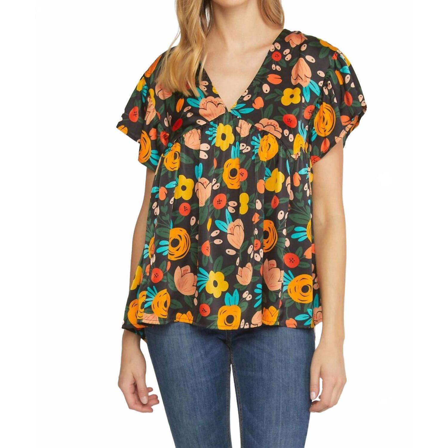 New Entro Floral Babydoll Flutter Sleeve Top In Black